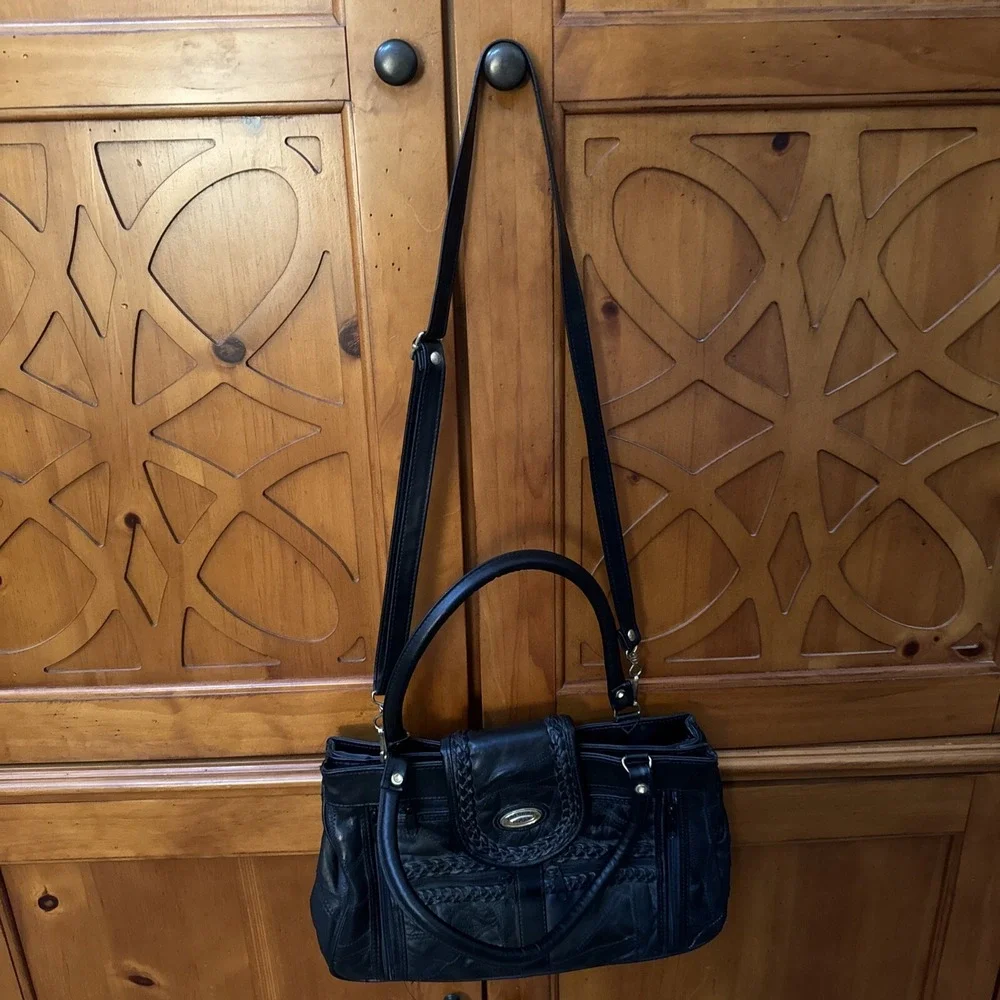 American Italy Black Leather Handbag Bag Purse Boho